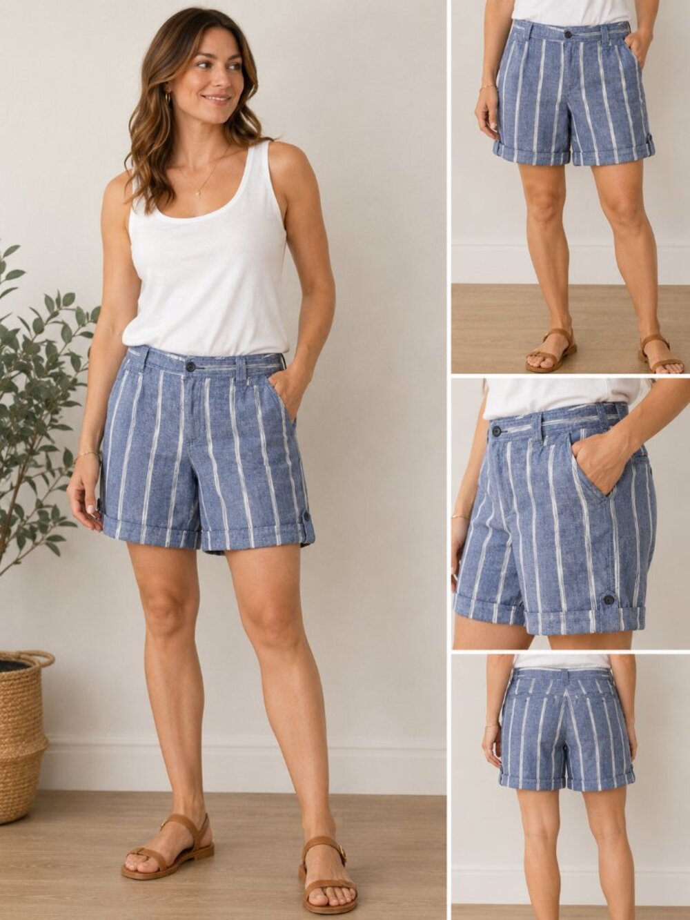 Gap Women’s Size 16 Blue White Striped Linen Cotton Shorts Cuffed Hem Casual